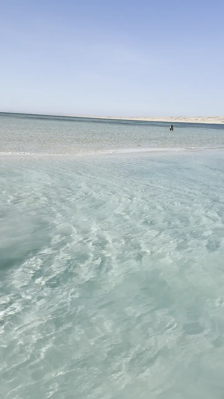Banc de sable blanc affleurant dans une eau transparente, au large de Hurghada