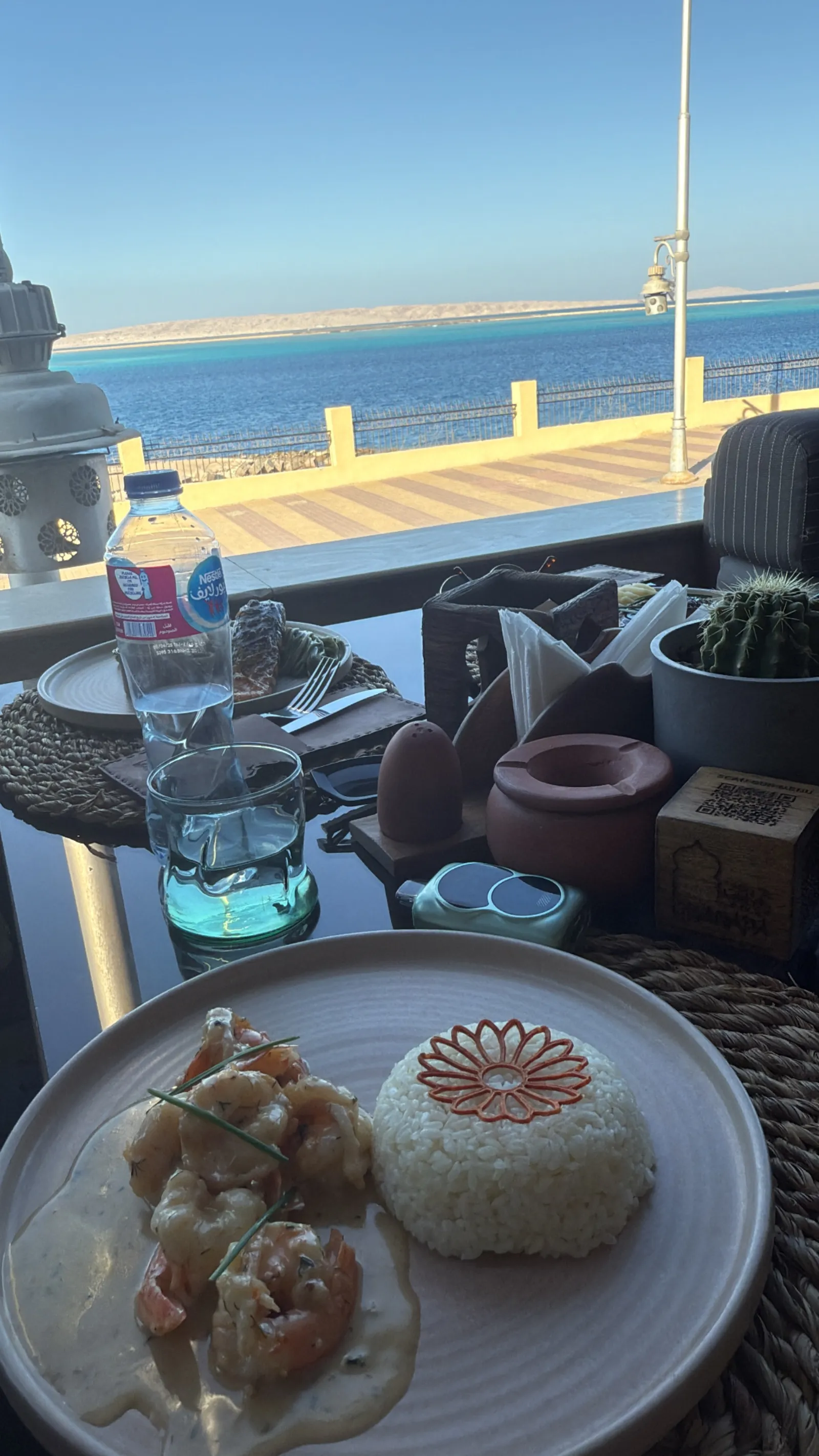 Crevettes en sauce et riz sur une table en terrasse face à la mer Rouge, au restaurant Granada à Hurghada